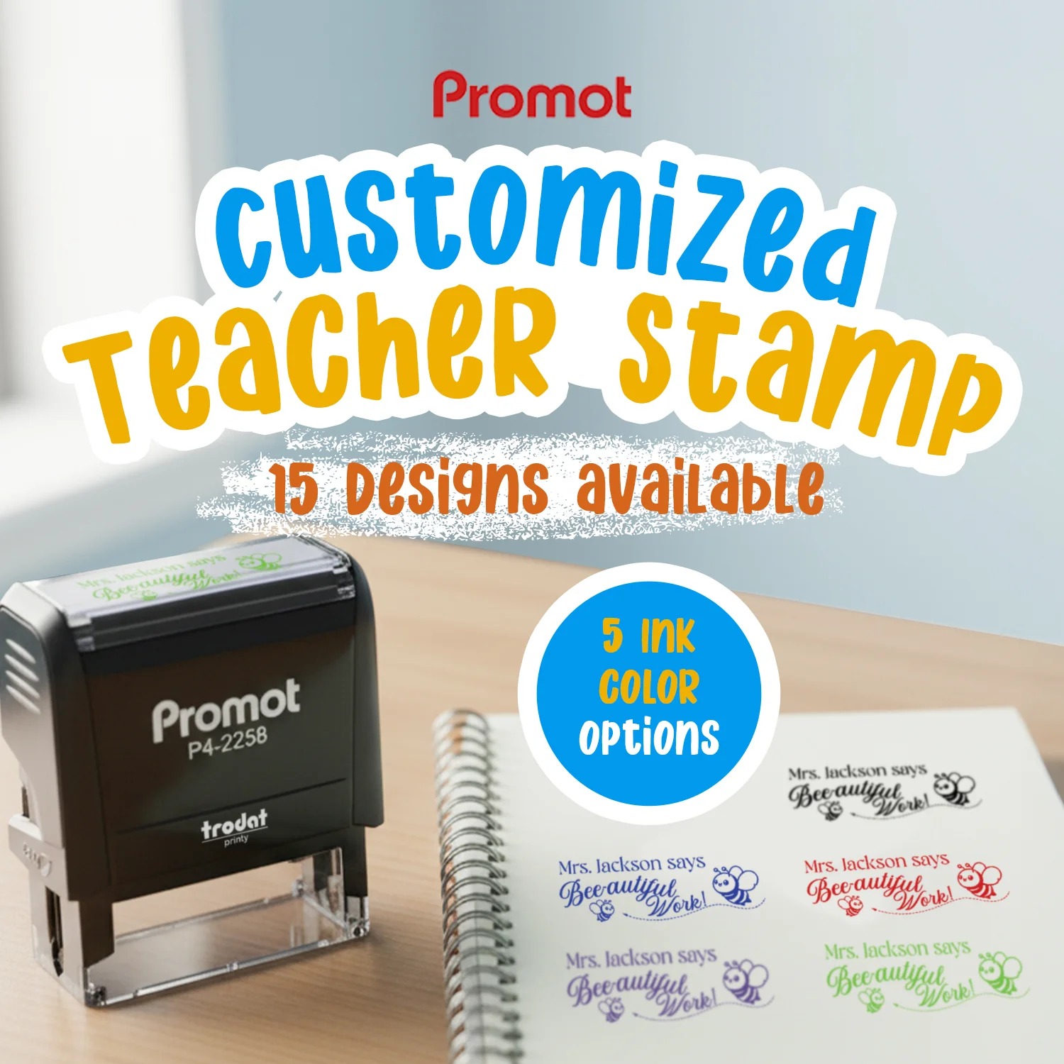 Teacher Custom Rubber Stamp "Bee-autiful Work" - Large